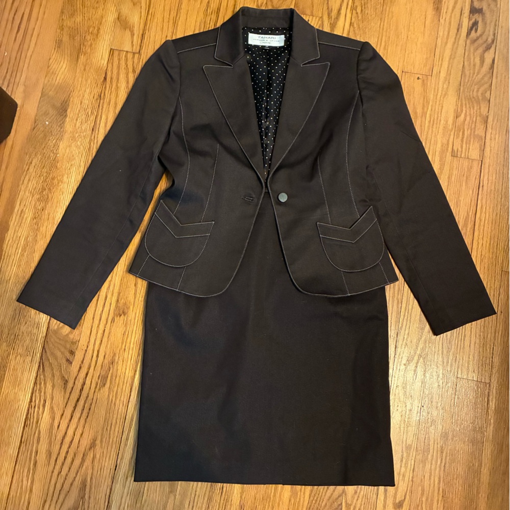 Tahari Skirt Suit brown with white stitching